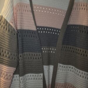 Striped Open-Front Knit Sweater Cardigan - Pink, Gray, Cream